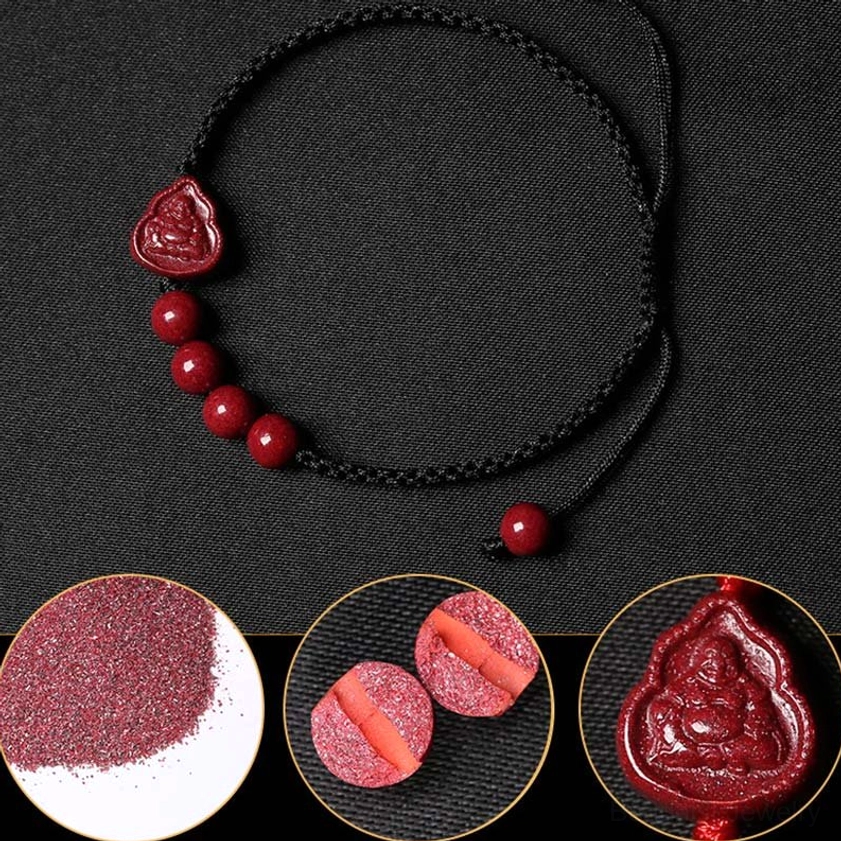 Cinnabar beads close-up detail showing 6mm natural stone texture, Buddha charm, and raw cinnabar material