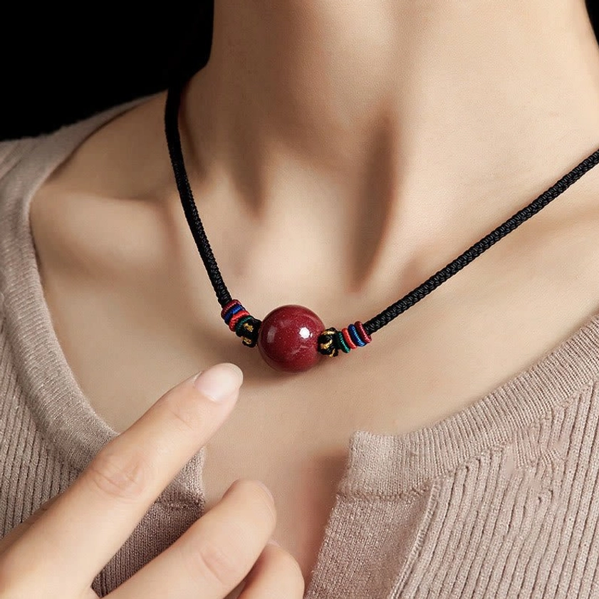 Red cinnabar bead blessing necklace worn on collarbone - handmade Buddhist pendant for daily spiritual protection