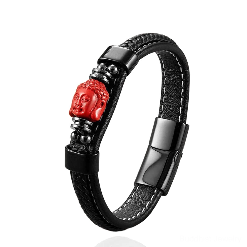Premium cinnabar Buddhist bracelet with carved red bead pendant and braided black leather strap, side perspective