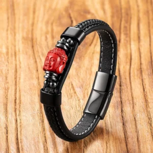 Cinnabar Buddha dragon koi fish leather bracelet with red carved beads and black magnetic clasp, front three-quarter view