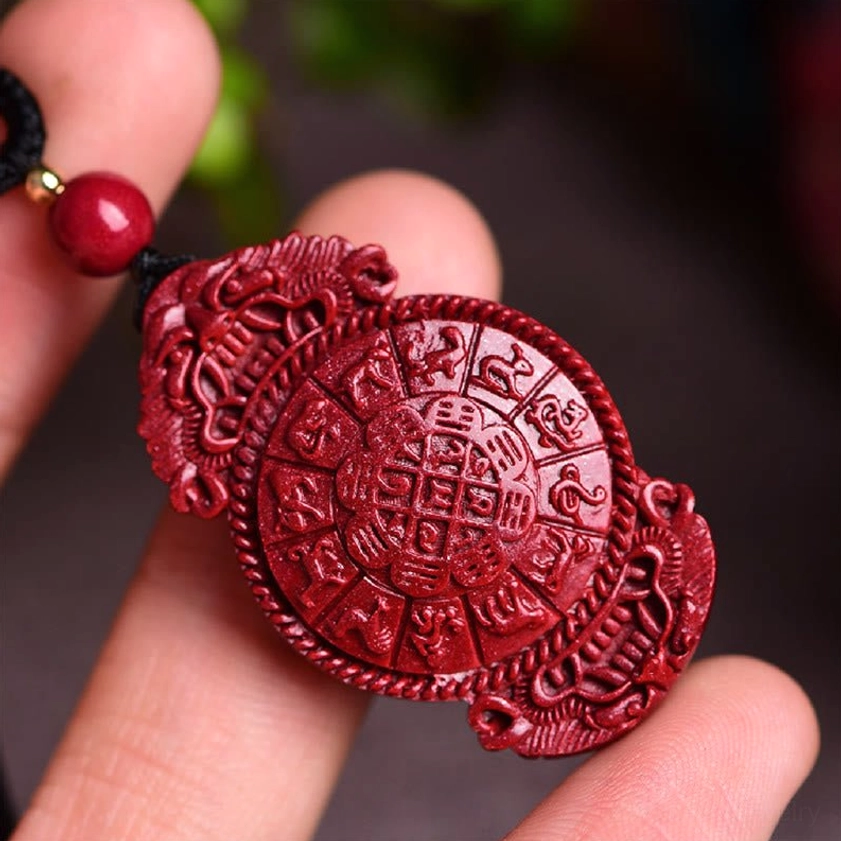Cinnabar laughing Buddha Buddhist pendant on adjustable black cord showing complete necklace styling option