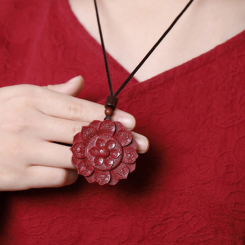 Cinnabar om mani padme hum necklace pendant worn on chest daily wearing display spirituality