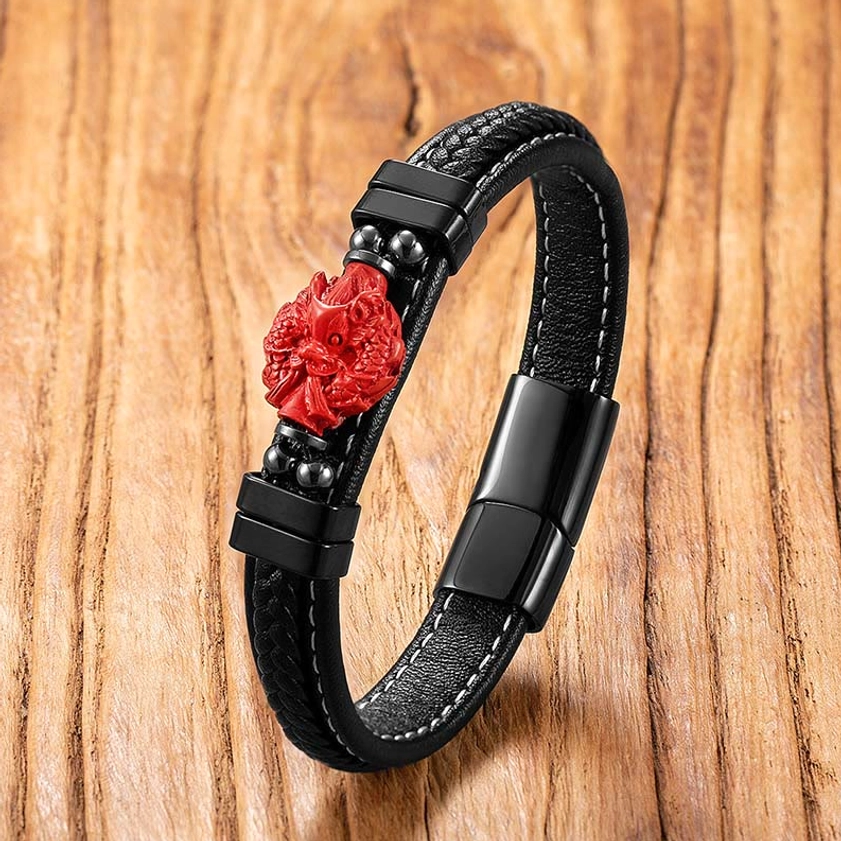 Cinnabar dragon leather bracelet with carved red dragon charm and black metal clasp, side view showcase
