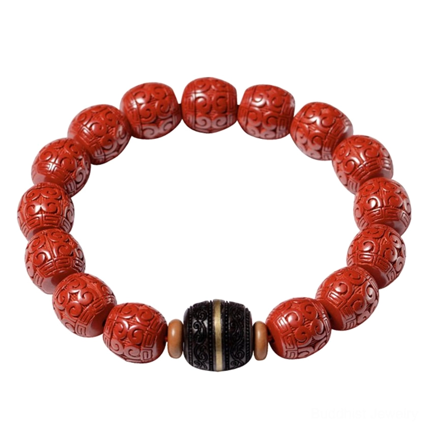 Handmade cinnabar ebony Buddhist blessing bracelet showcasing traditional craftsmanship and natural stone bead quality