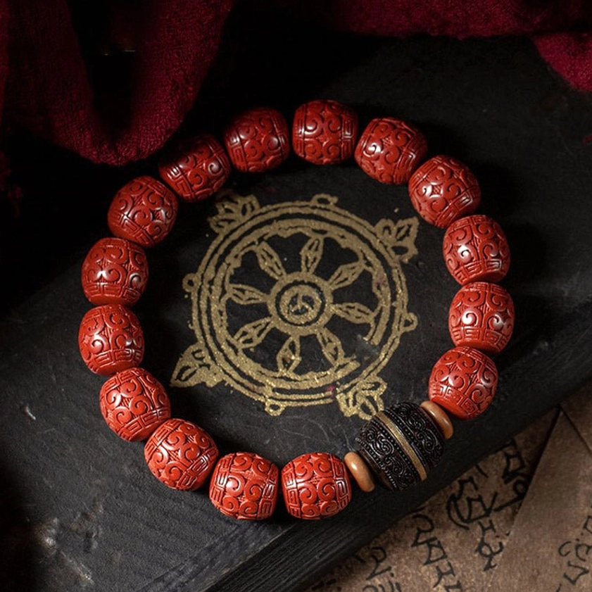 Natural cinnabar and ebony wood Buddhist bracelet for meditation, mindfulness, and inner peace - sacred healing gemstone prayer beads