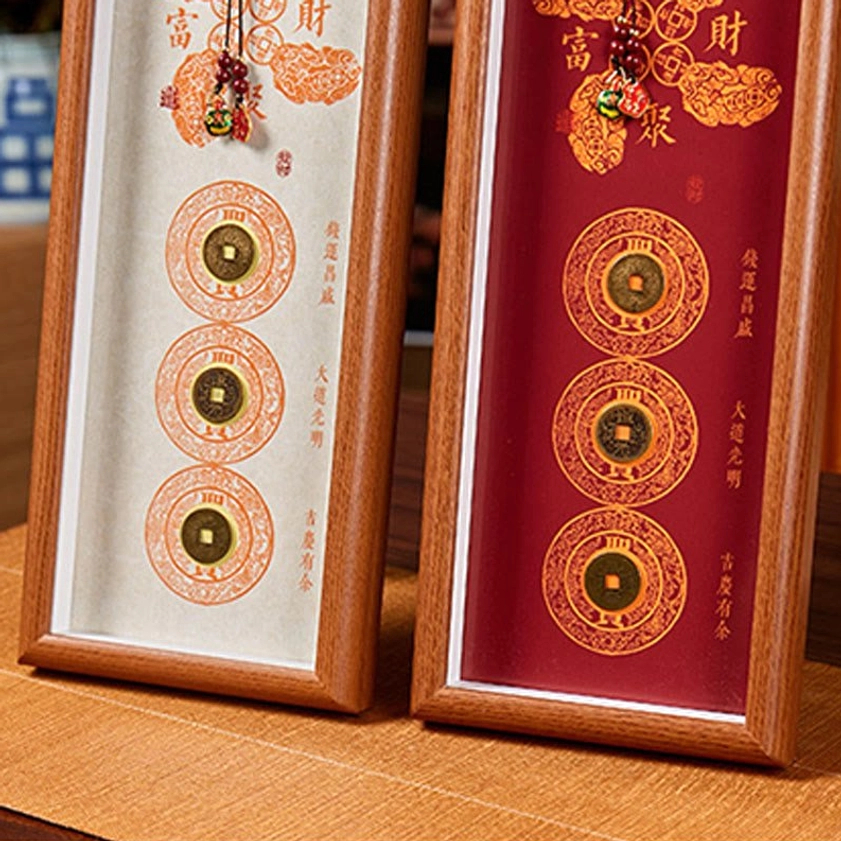 Cinnabar copper coin fortune blessing frame with traditional feng shui design for spiritual home altar