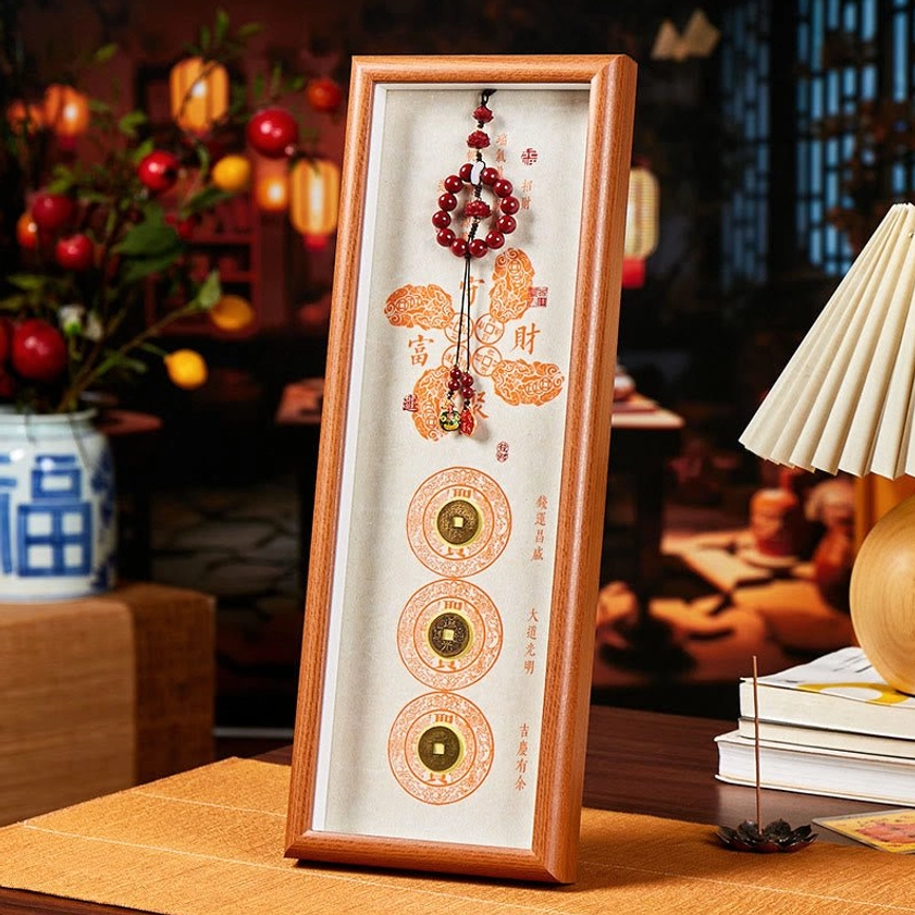 Feng shui fortune photo frame ornament with off-white backing and red cinnabar rosary beads