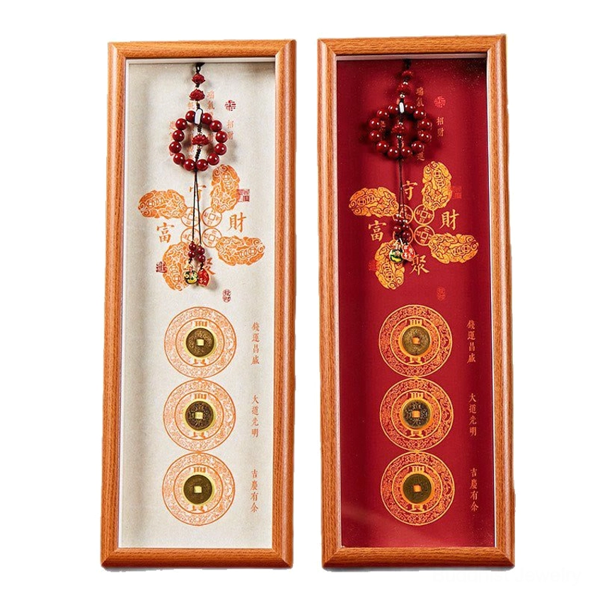 Front flat view of paired cinnabar fortune frames with interior decor and two backing color options