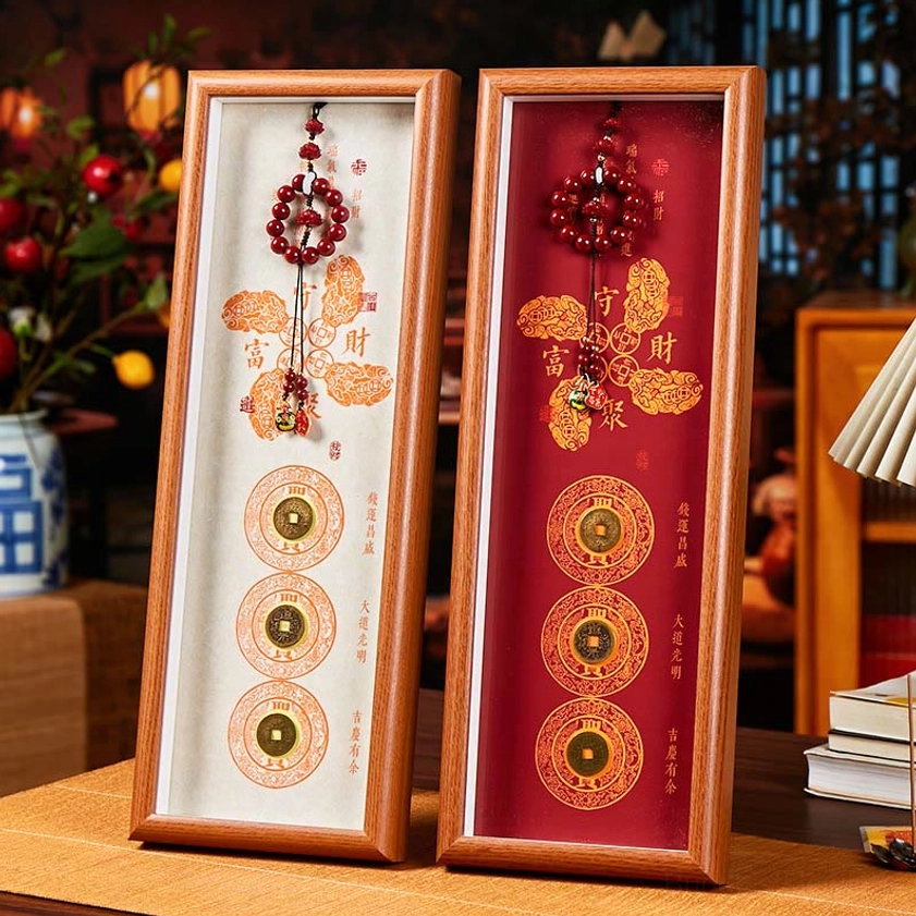 Set of two Buddhist fortune frames with cream and deep red backing styles for home decor