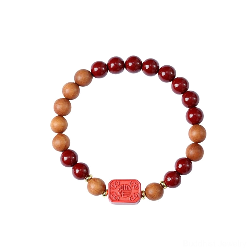 Buddhist blessing bracelet with cinnabar beads and symbolic fu character charm for protection and fortune
