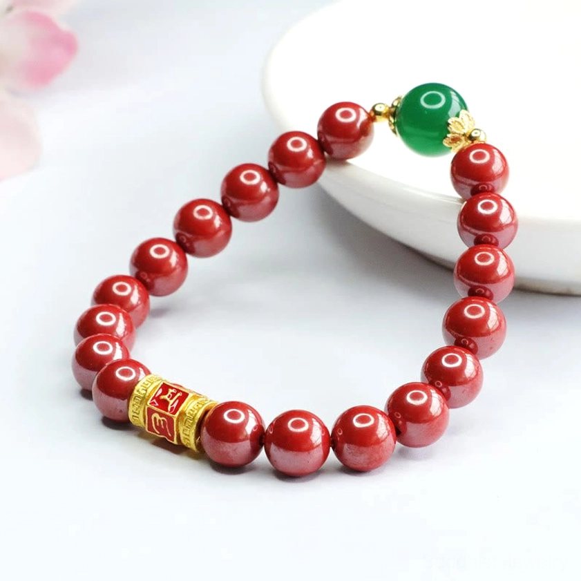 Cinnabar and green agate Om Mani Padme Hum Buddhist bracelet elastic cord premium quality wearable talisman