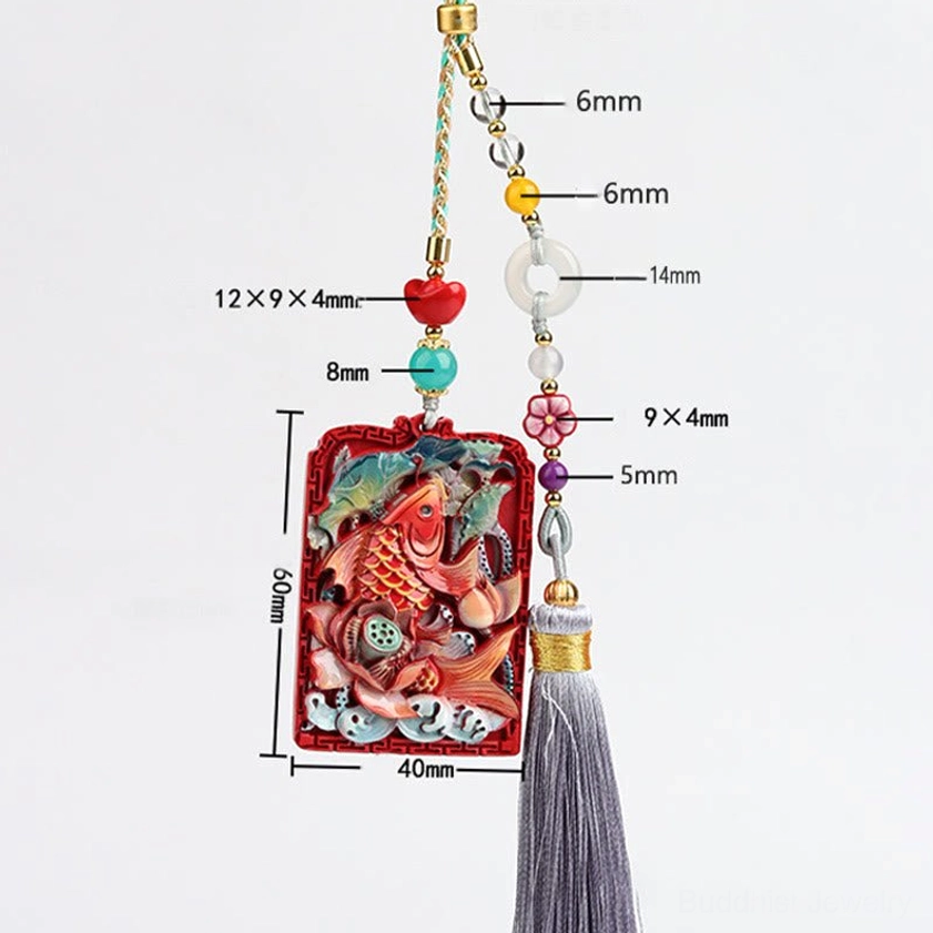 Cinnabar koi lotus peace buckle hanging ornament with multiple stone bead components including crystal, agate, and chalcedony