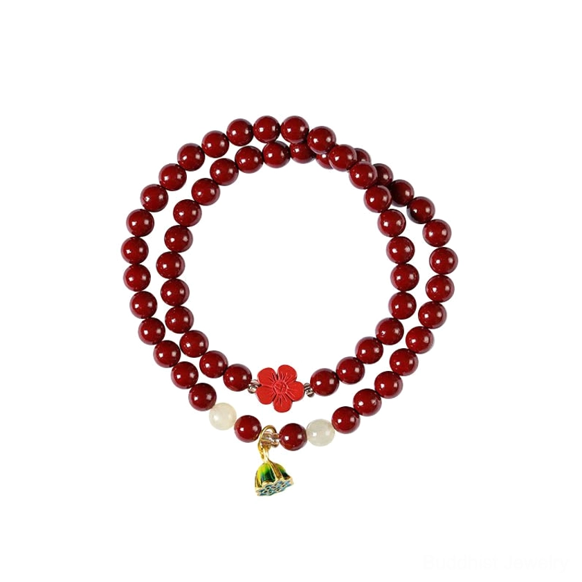 Handmade cinnabar double-wrap blessing bracelet with red beads white jade accents red flower charm and enamel lotus