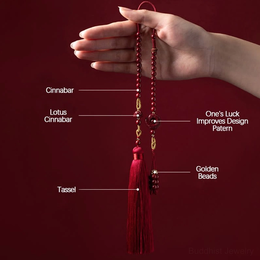 Single-hand display of cinnabar lotus car hanging decoration with labeled product components