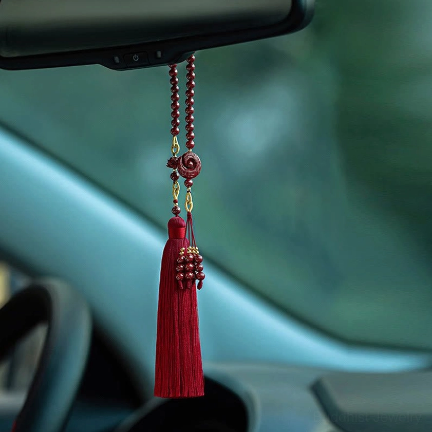 Cinnabar lotus car hanging decoration hung on vehicle rearview mirror in car interior