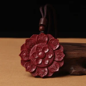 Natural cinnabar lotus om mani padme hum pendant necklace handcrafted buddhist blessing charm with wooden beads