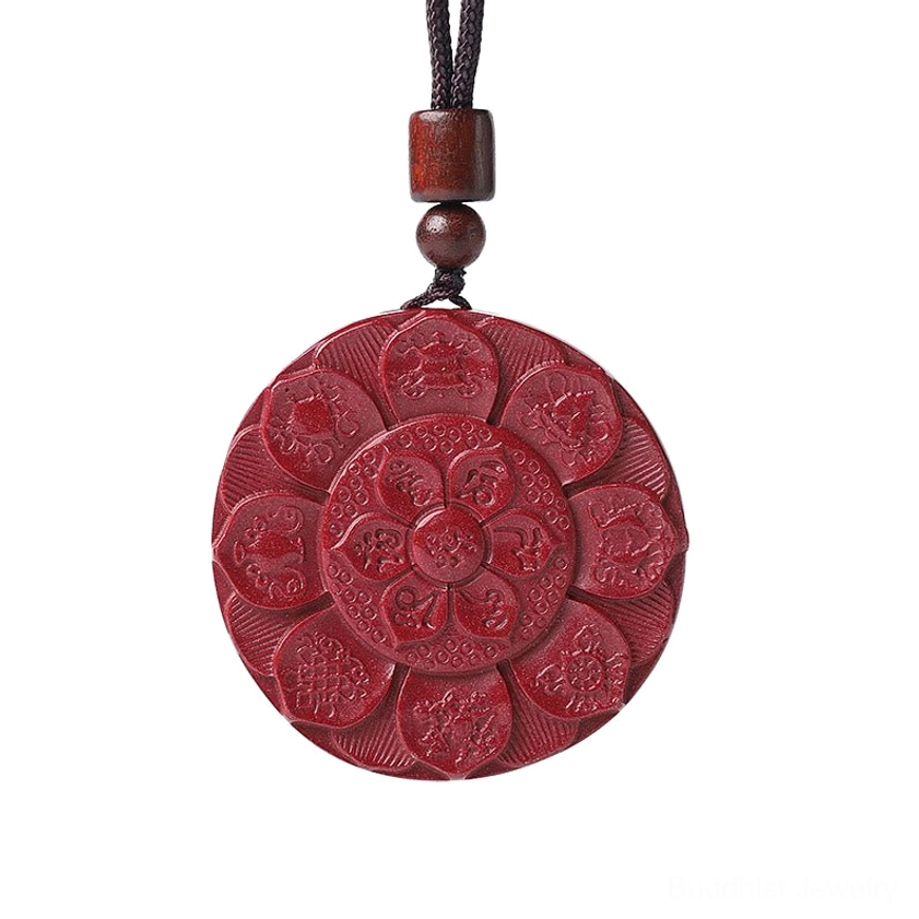 Cinnabar lotus scripture pendant flat lay view with brown wooden neck strap cord buddhist necklace