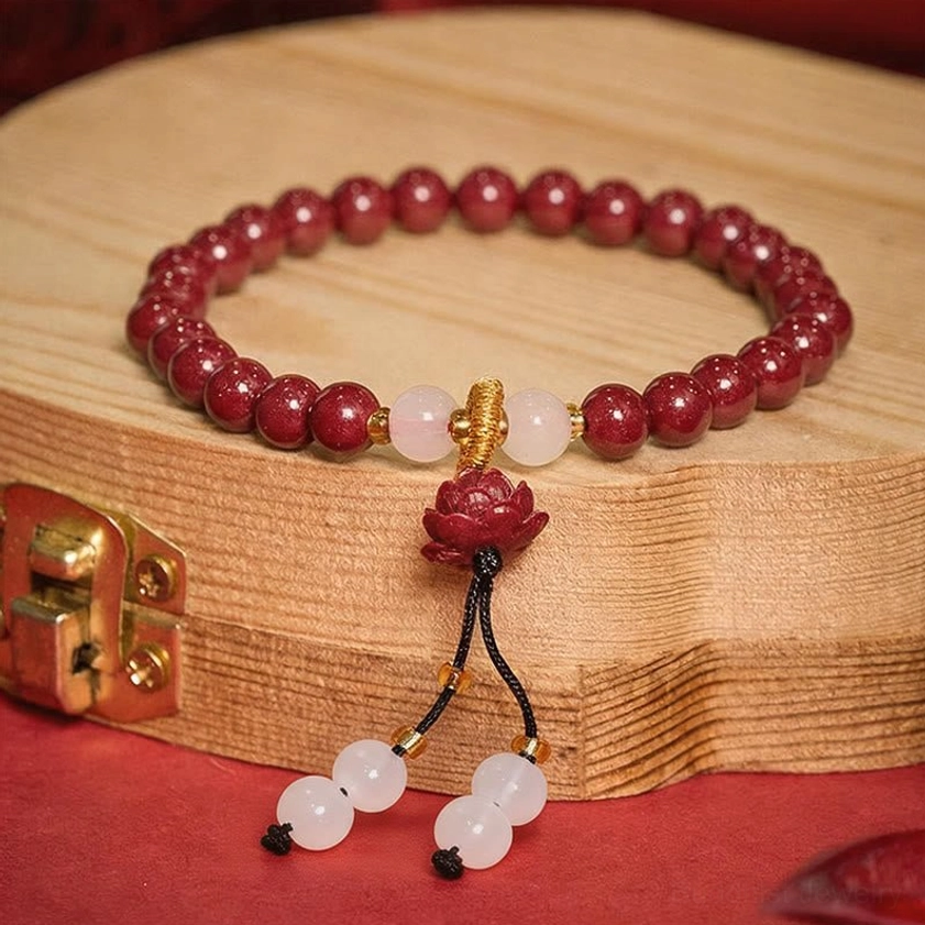 Three-quarter angled view of handmade cinnabar lotus bracelet with tassel pendant displayed on wooden jewelry storage box showing craftsmanship details