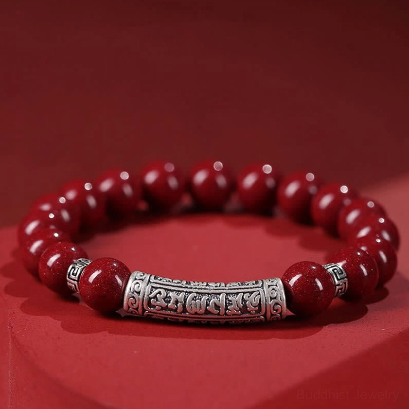 8mm cinnabar beads with sterling silver Om Mani Padme Hum meditation bracelet