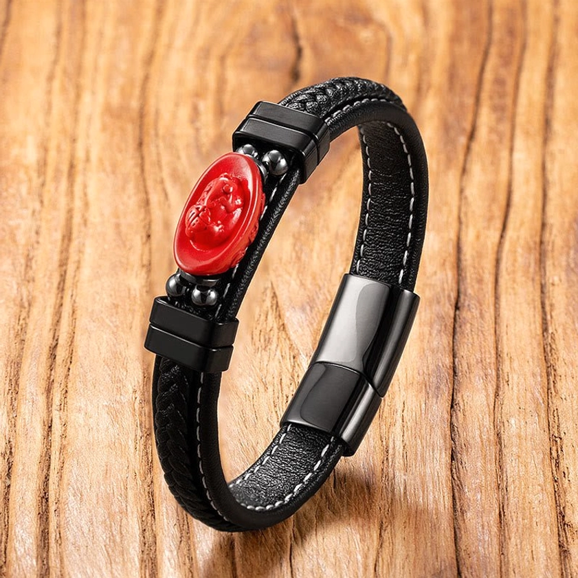 Cinnabar oval bead leather bracelet with magnetic clasp, artistic three-quarter view
