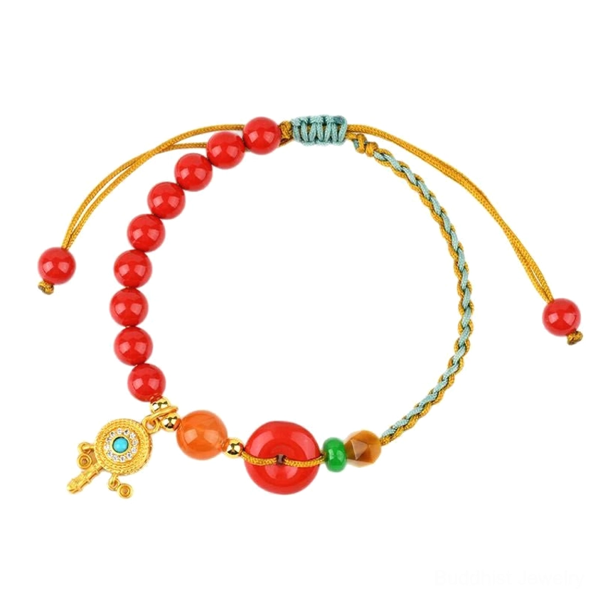 Buddhist red string bracelet packaging and product presentation, cinnabar peace buckle charm with gold plating