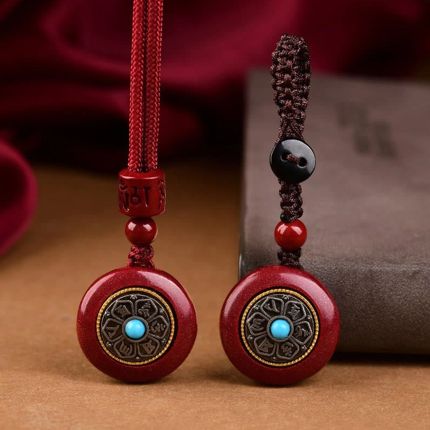 Cinnabar necklace pendant and keychain side view showing different braided cord attachments for versatile wear