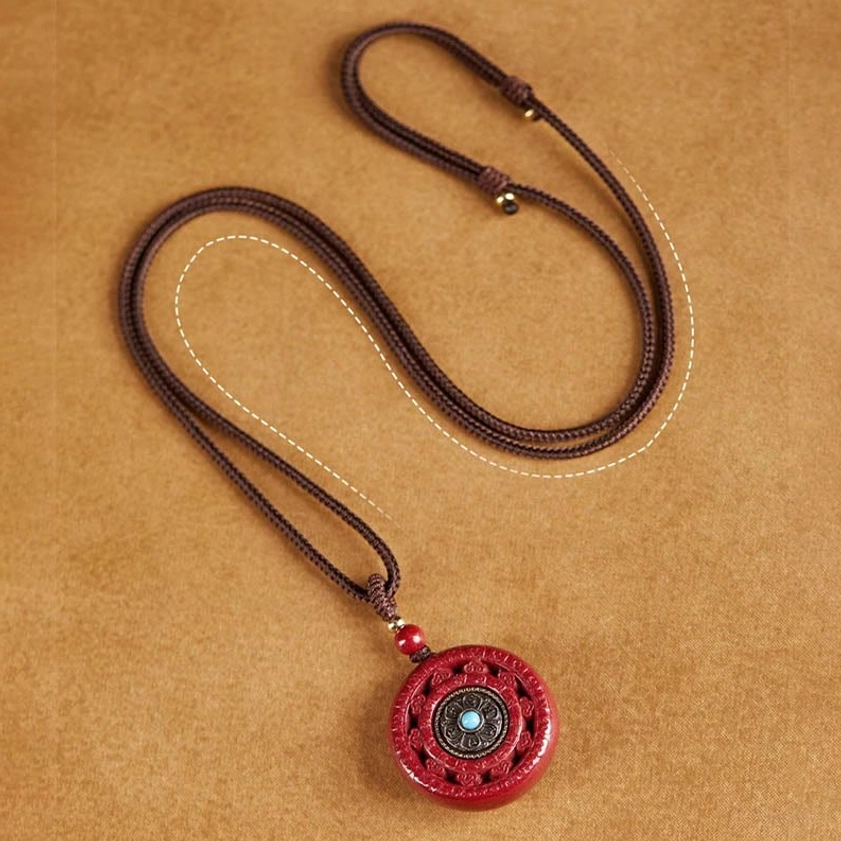Complete cinnabar necklace and keychain set with woven rope and wooden bead accents