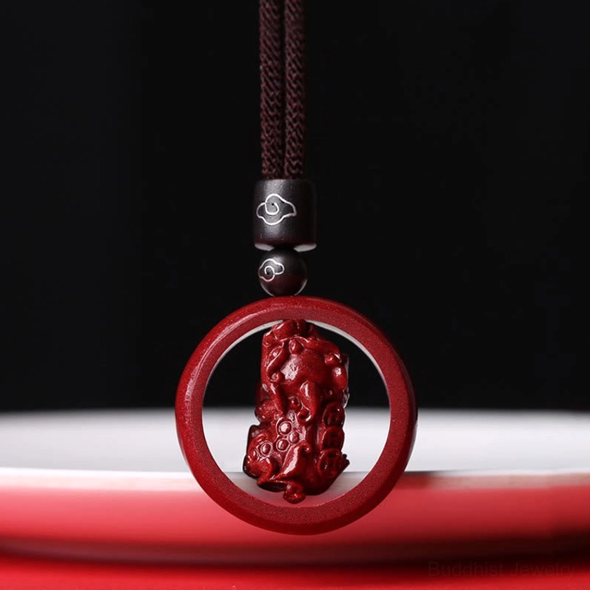 Cinnabar pi xiu pendant necklace with brown rope celestial guardian for abundance and protection