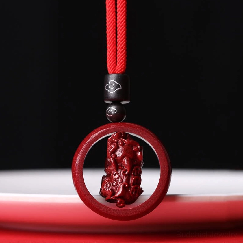 Cinnabar pi xiu pendant necklace with red rope for wealth attraction and evil protection