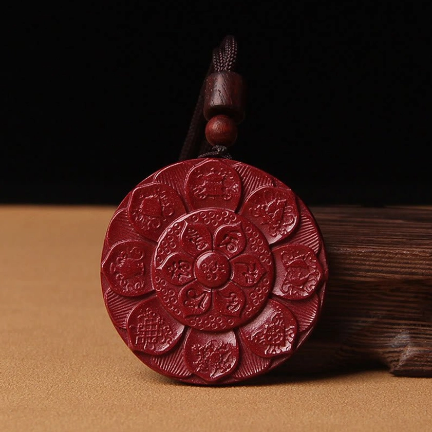 Front carved om mani padme hum cinnabar round pendant with lotus flower buddhist scripture patterns