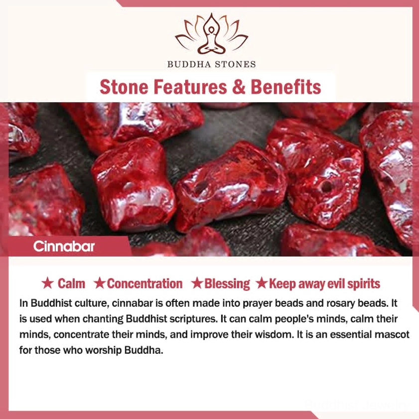 Cinnabar stone benefits guide showing raw natural cinnabar rocks with text describing calmness, blessing and protective properties in Buddhist practice