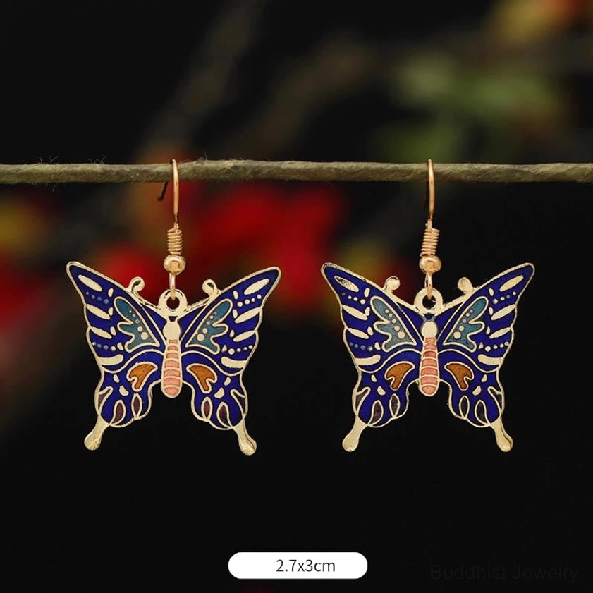 Circular dark blue flower enamel earrings size 2.9x2.2cm with spiritual Buddhist symbolism