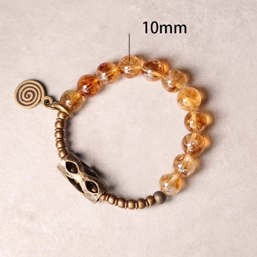 10mm citrine beads marked clearly on premium elastic Buddhist meditation bracelet with metal hardware