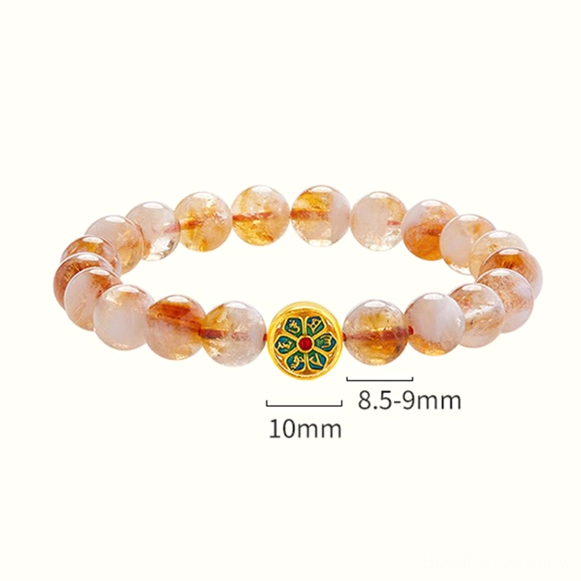 Natural citrine stone beads and silver mantra charm displayed with bead size measurements 8.5-9mm and 10mm