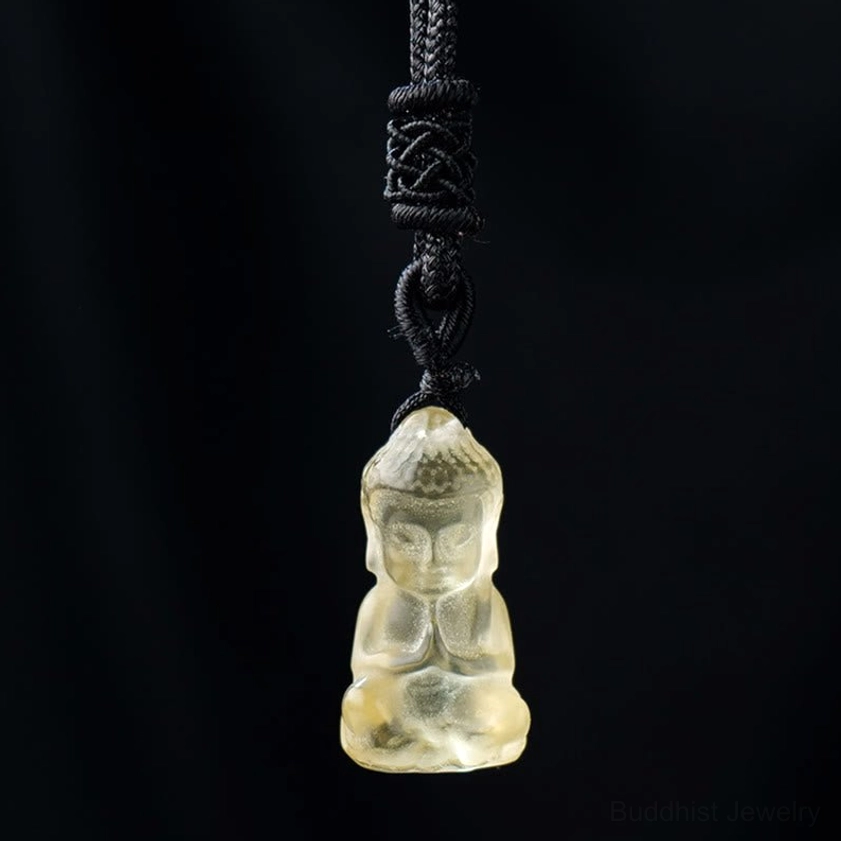 Citrine Buddha pendant with black braided necklace - golden yellow crystal Buddha with adjustable 50cm cord