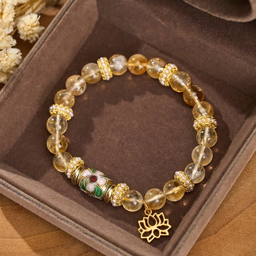 Citrine lotus bracelet with enamel gold charm in luxury velvet gift box - Buddhist abundance crystal bracelet