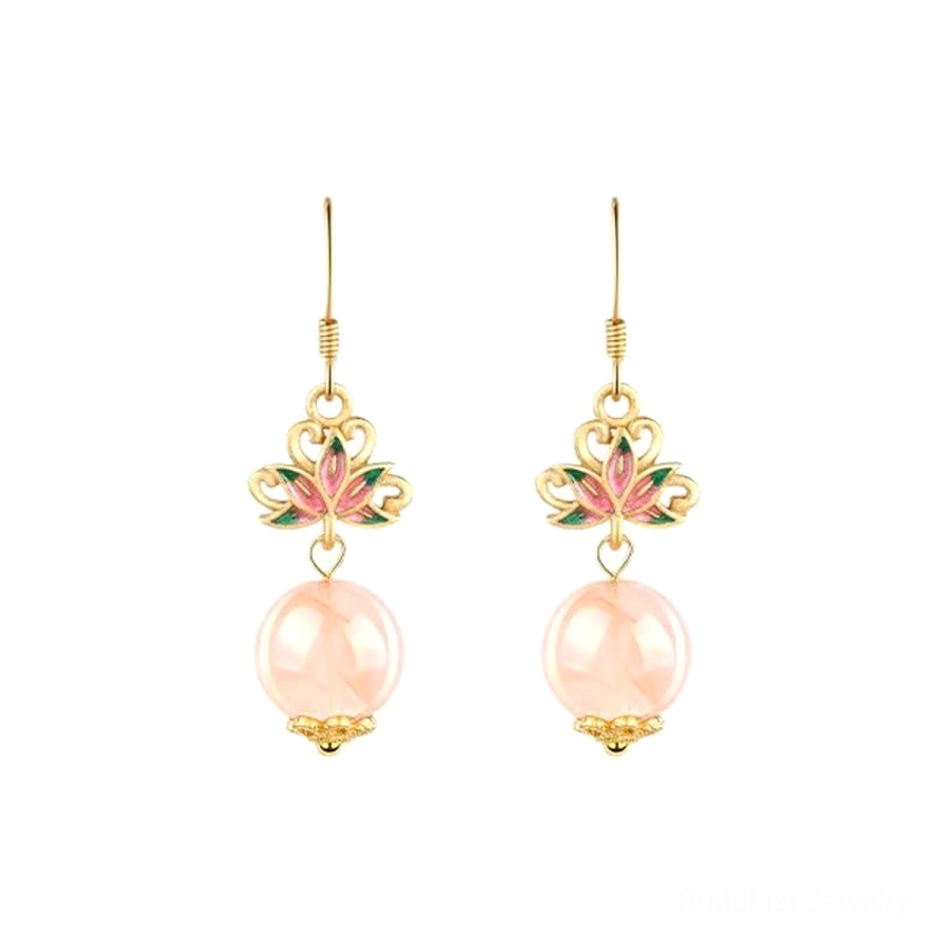 Pair of citrine lotus drop earrings with enamel cloisonné design, symmetrical front flat lay view