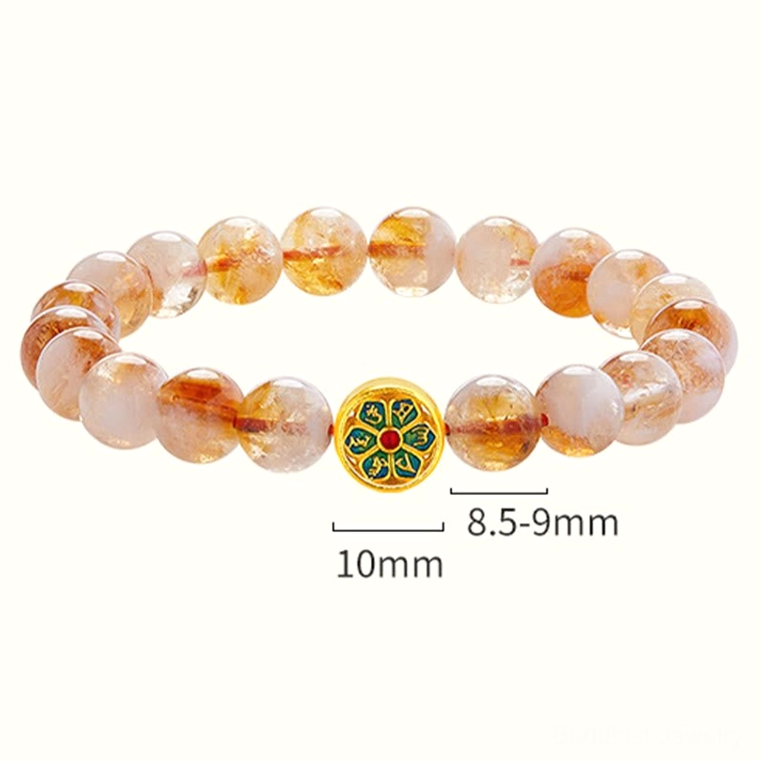 Citrine Om Mani Padme Hum bracelet specification details page with marked bead size 8.5-9mm and central enamel charm on white background