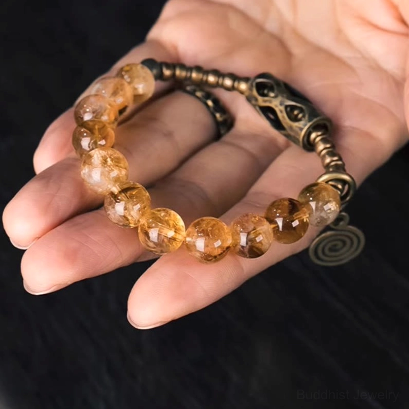 Citrine 10mm stone beads on elastic cord Buddhist protection bracelet for meditation and healing