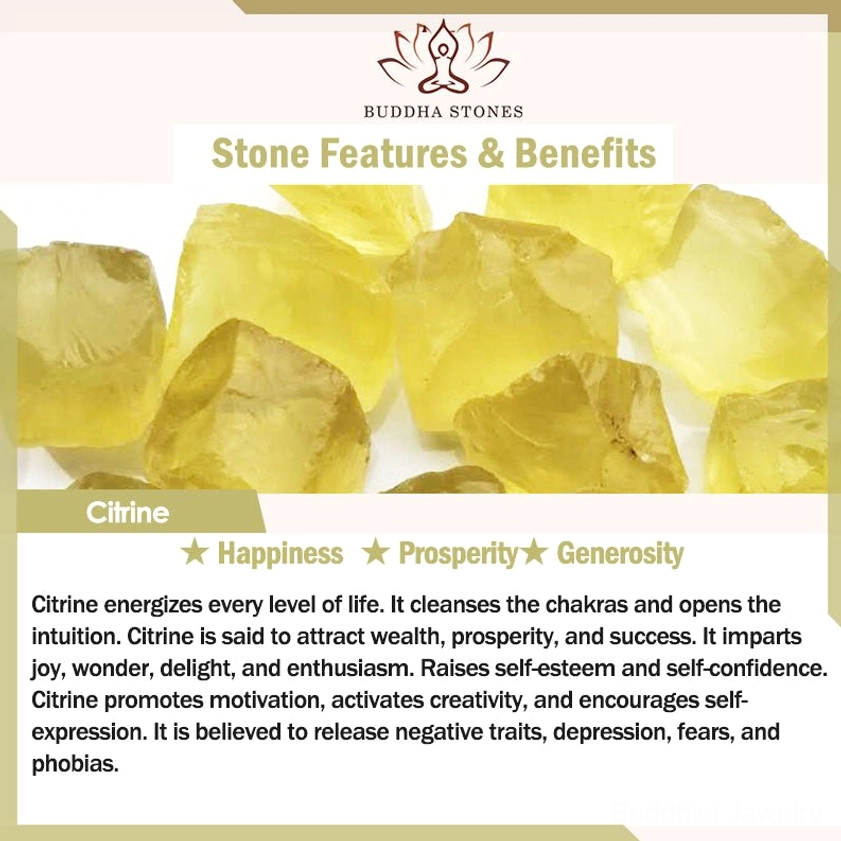 Raw natural citrine yellow crystal stones and benefit text describing prosperity wealth protection and spiritual enlightenment properties