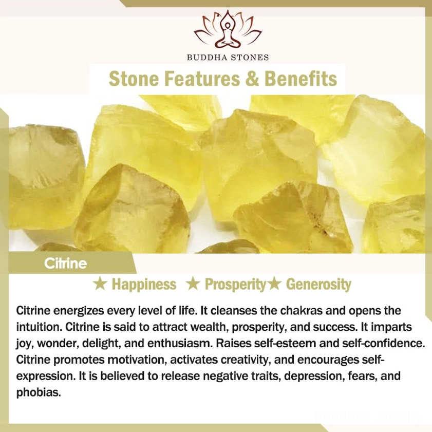 Citrine crystal healing benefits infographic showing prosperity happiness and protection properties