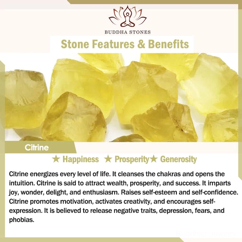 Buddha Stones citrine crystal introduction infographic showing raw citrine stones and benefits for prosperity and abundance