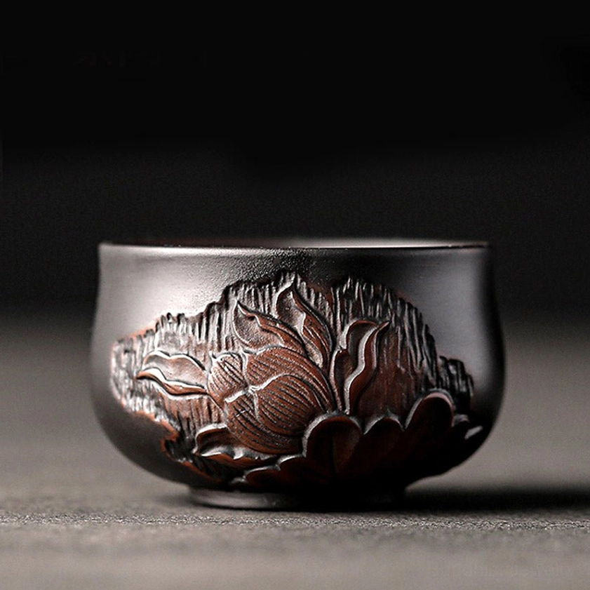 Classic lotus embossed ceramic tea cup for traditional gongfu cha kung fu tea practice and meditation