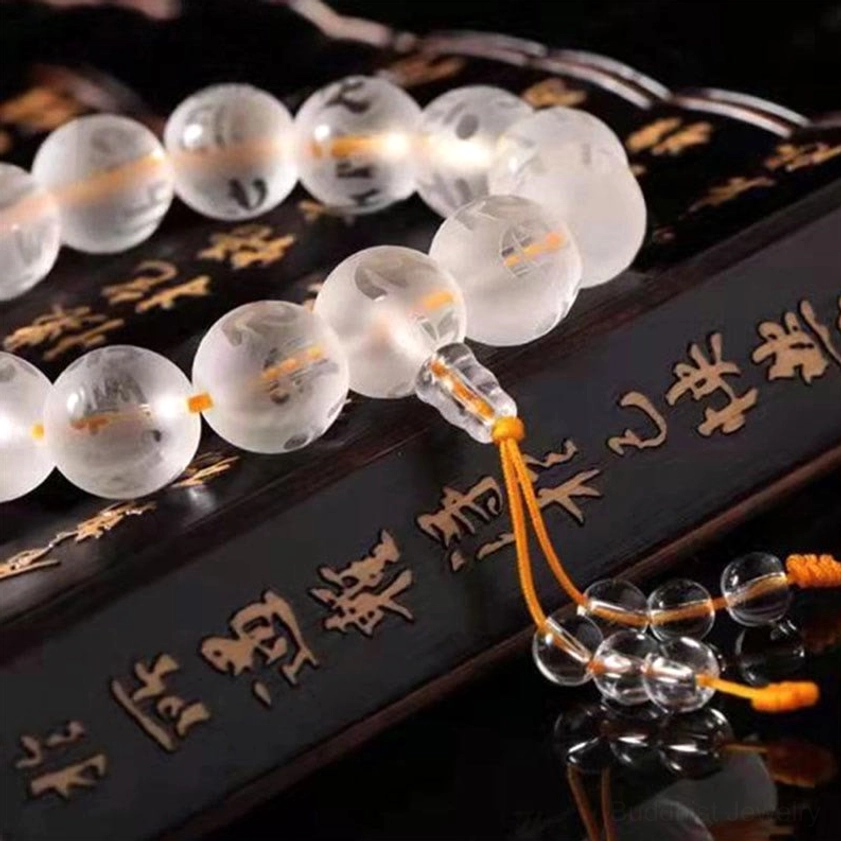 Clear crystal prayer bracelet with sacred mantra engraved beads healing and clarity