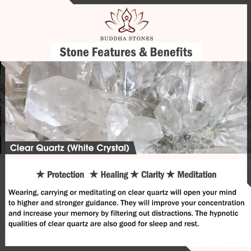 Clear quartz crystal healing benefits chart highlighting clarity protection and meditation properties