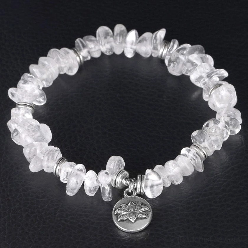 Natural clear quartz chip stretch bracelet with lotus pendant complete circle display