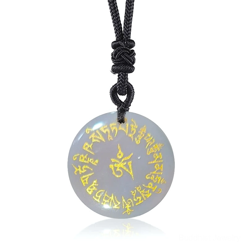 Clear Crystal (White Quartz) Buddhist Mantra Pendant Necklace with Golden Sanskrit Engraving