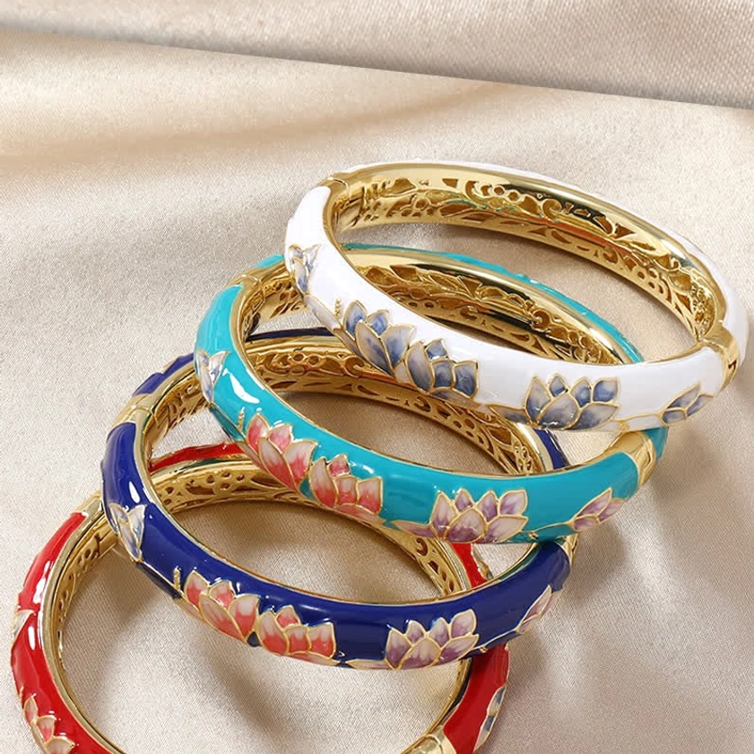 Stacked cloisonné lotus bangle bracelets displaying all four color styles and handcrafted enamel work detail