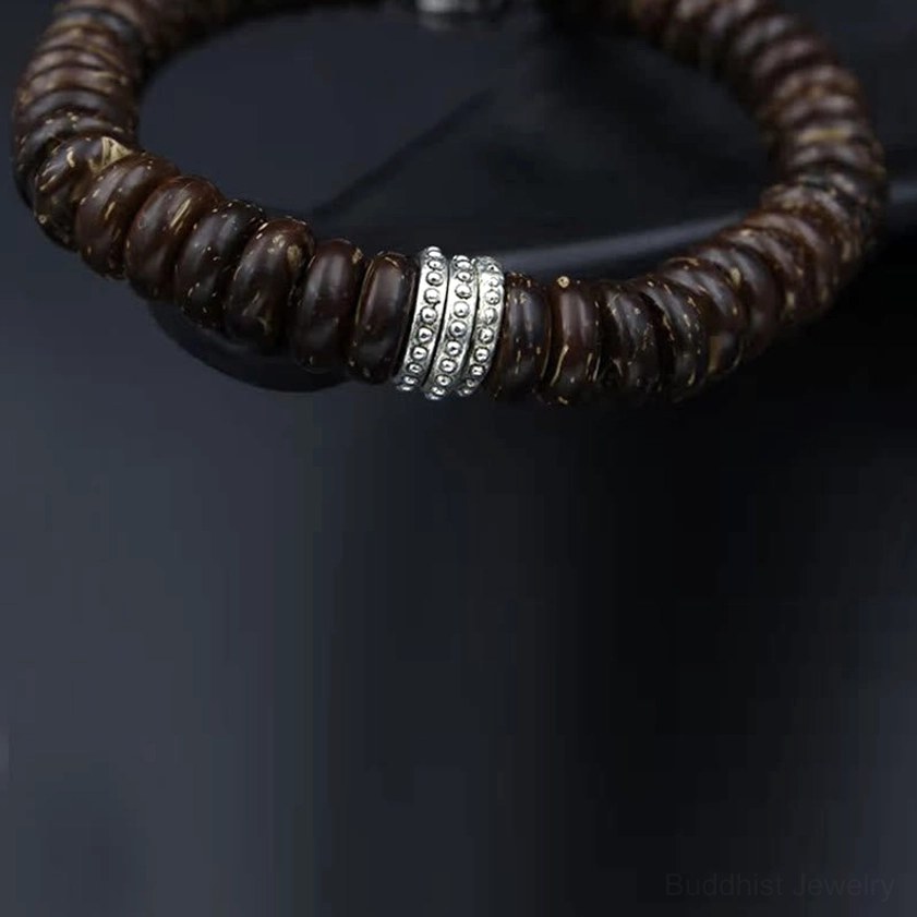 Wrist size guide for Om Mani Padme Hum coconut shell bracelet showing small medium large circumference options