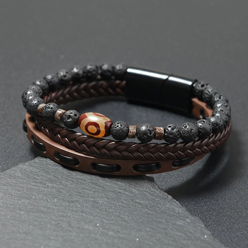 Coffee-colored leather nine-eye dzi bead lava rock bracelet with red eye pattern